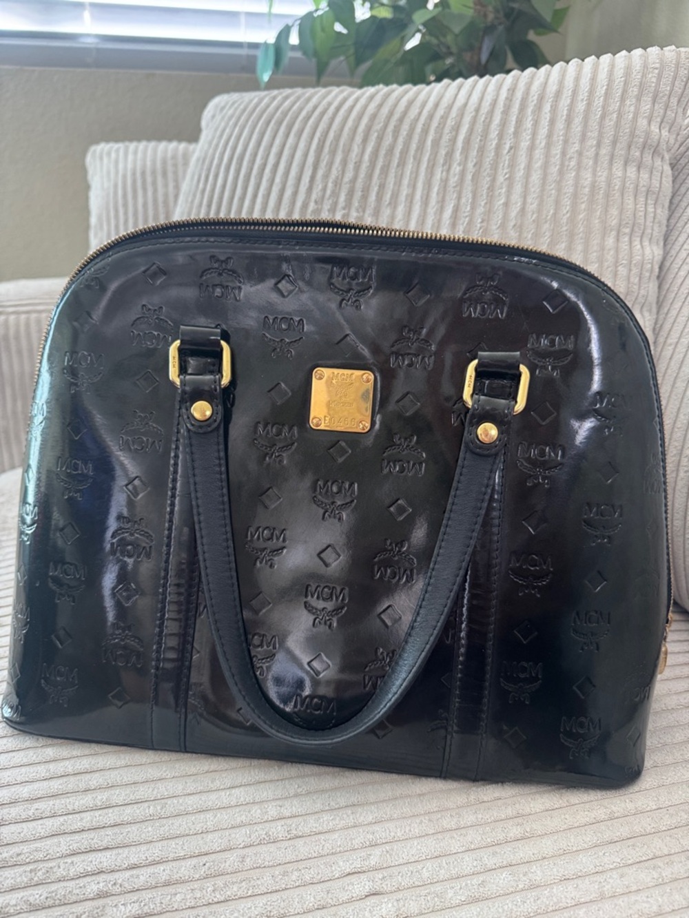 MCM Black Patent Satchel with Gold Plaque